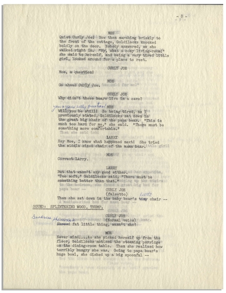 Moe Howard's 11pp. Script for ''The New Three Stooges'' Episode ''Goldibear and the Three Stooges'', Circa 1965 -- Annotated by Moe With His Signatures -- 8.5'' x 11'' Loose Pages, Near Fine